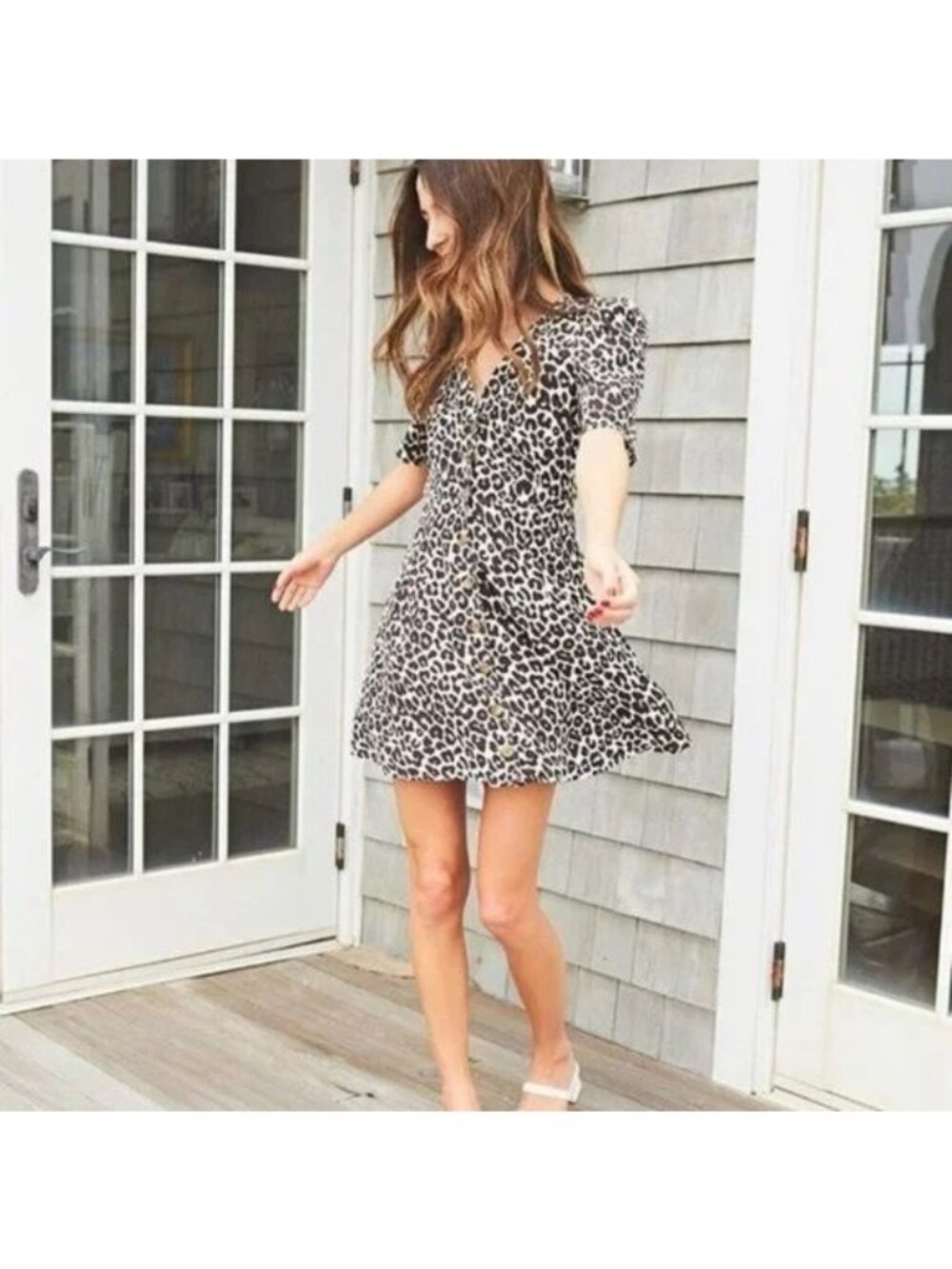 Something Navy S Leopard Print Mini Dress Short Puff Sleeve Button Animal Swing